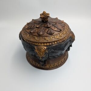 Elephant Trinket Box In Brown With Elephant Carvings All Around